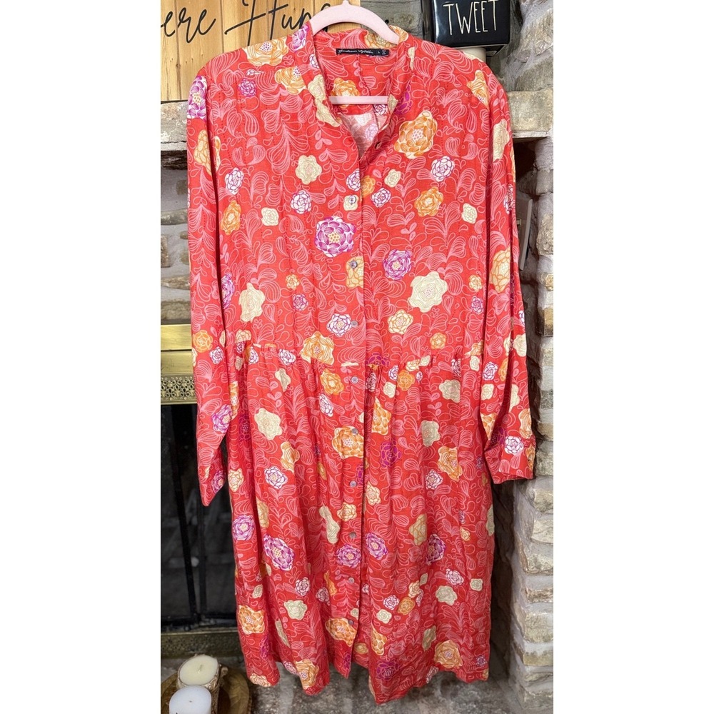 Gudrun Sjoden Red Floral Button Front Midi Dress Lagenlook Boho Womens Large